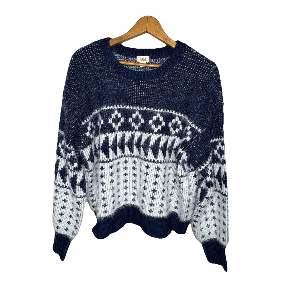 Navy Blue & White Acrylic Soft Fuzzy Sweater Size XL  A.N.A. Warm & Cozy EUC